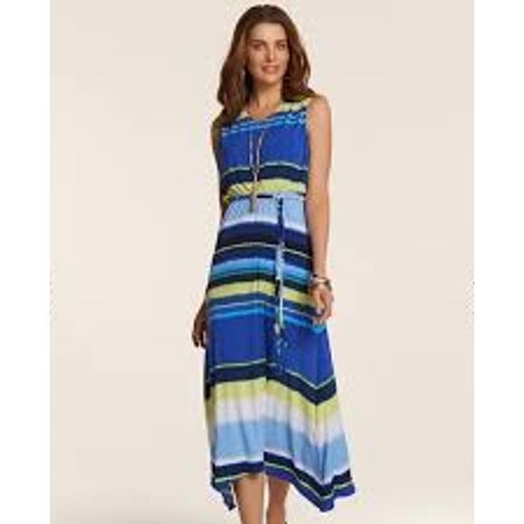 Chico's Dresses & Skirts - Chicos Dress Women 3 (XL) Blue Striped Sleeveless Blouson Midi Casual Beach Boho